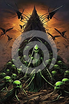 Alien Mantis horror, spooky, terror above a pile of corpses