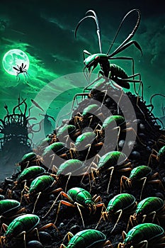 Alien Mantis horror, spooky, terror above a pile of corpses photo