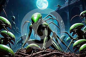 Alien Mantis horror, spooky, terror above a pile of corpses photo