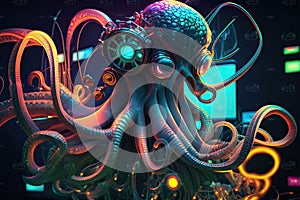 Alien mechanical octopus DJ, deejay in synthwave neon night club, AI generative