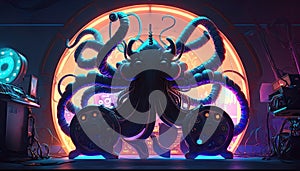 Alien mechanical octopus DJ, deejay in synthwave neon night club, AI generative