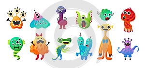 Alien monster. Cartoon baby space creature characters. Friendly beast mascot. Scary mutants collection. Colorful