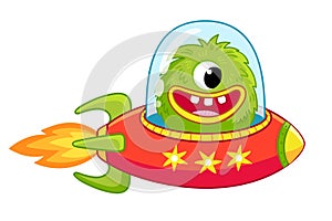 Alien monster is flying on rocket on white background