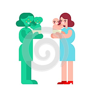 Alien mother and little baby isolated. extraterrestrial child. Little monster Vector illustration