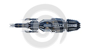 Alien mother ship, UFO spacecraft in flight isolated on white background, side view, 3D render