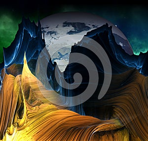 Alien Mountains with space background