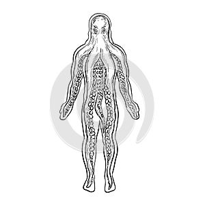 Alien Octopus Inside Human Body Drawing Black and White