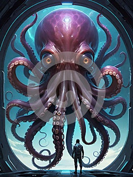 alien octopus inside a spaceship, generative ai illustration, science fiction scenery