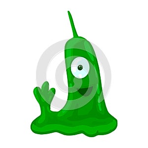 Alien, one-eyed green body. Waving his hand, welcomes. Cute vector character.