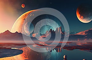 Alien orange planet with a lake and several moons created with generative AI