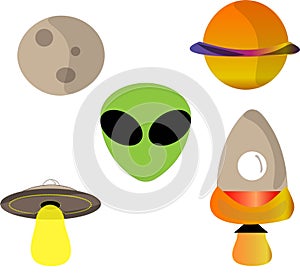 Alien outerspace pack with rocket, planets, space ship and ufo photo