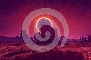 Alien planet desert landscape dramatic sundown at golden hour  3d rendering