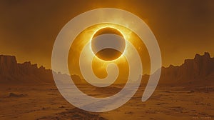 Alien Planet Eclipse Desolate landscape, solar eclipse, hazy sky, science fiction artwork photo