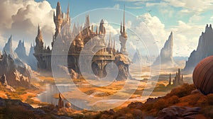 Alien planet with fantastic landscapes, and enchanted castles. Generative AI