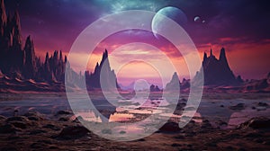 Alien planet fantasy landscape. Space background. Sci-fi horizontal banner.