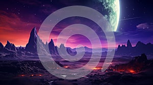 Alien planet fantasy landscape. Space background. Sci-fi horizontal banner.