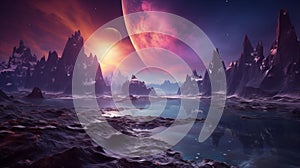 Alien planet fantasy landscape. Space background. Sci-fi horizontal banner.