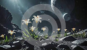 alien planet with flowers and a moon in the background