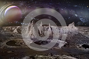 Alien planet landscape with craters, mountains and moons.