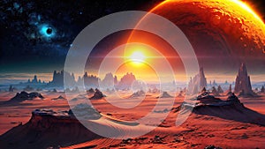 Alien planet landscape with glowing sun and mountains with fantastic rocks formations 3d illustration