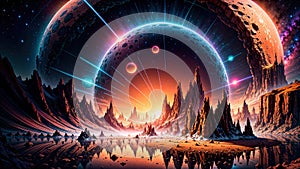 Alien planet landscape with glowing sun and mountains with fantastic rocks formations 3d illustration