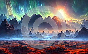 Alien planet landscape with glowing sun and mountains with fantastic rocks formations 3d illustration