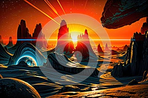 Alien planet landscape with glowing sun and mountains with fantastic rocks formations 3d illustration