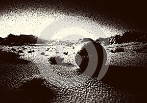 Alien planet landscape in retro dotwork style. Sci-fi world landscape beyond our galaxy.