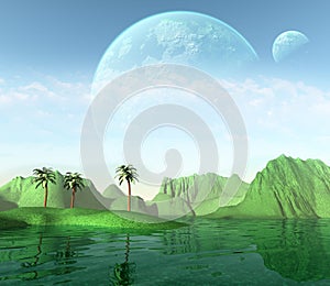 Alien Planet landscape, Sea, mountains and plants, Sky with clouds and two moons, 3d illustration