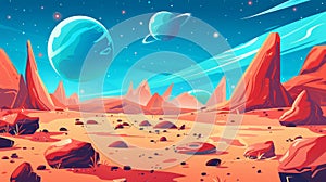 An alien planet landscape for a space game. Modern illustration of Mars with red desert and rocks, satellites and stars