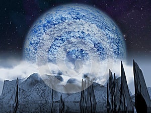 Alien planet. Large blue moon