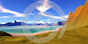 Alien Planet. Mountain and lake. 3D rendering