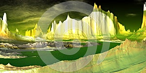 Alien Planet. Mountain and lake. 3D rendering