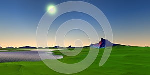 Alien Planet. Mountain and lake. 3D rendering