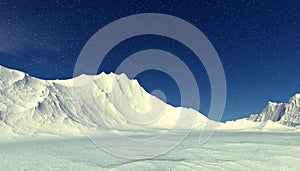 Alien Planet. Snow. Mountain and sky. 3D rendering