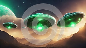 alien planet and space UFO, vector alien space ships with green light beams, smoke, and sparkles. Saucers