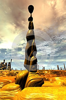 Alien planet. Stone pillars. Butte. 3D rendering