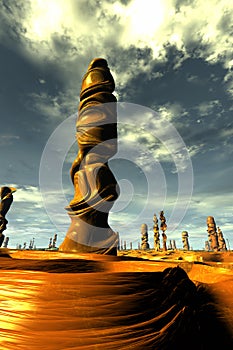 Alien planet. Stone pillars. Butte. 3D rendering