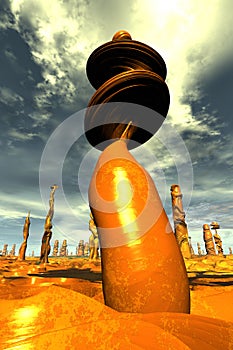 Alien planet. Stone pillars. Butte. 3D rendering