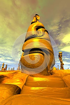 Alien planet. Stone pillars. Butte. 3D rendering