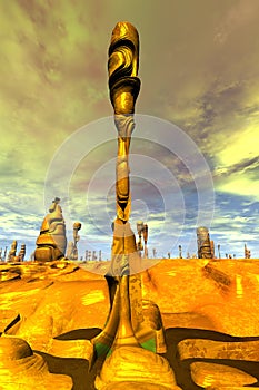 Alien planet. Stone pillars. Butte. 3D rendering