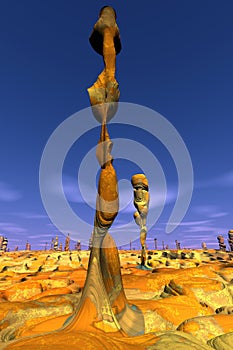 Alien planet. Stone pillars. Butte. 3D rendering