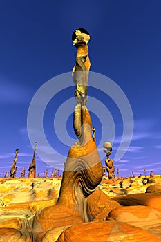 Alien planet. Stone pillars. Butte. 3D rendering