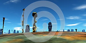 Alien planet. Stone pillars. Butte. 3D rendering