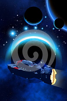 Alien planetary system, bakground with stars and nebula, atmosphere, cargo spaceship, 3d illustration photo