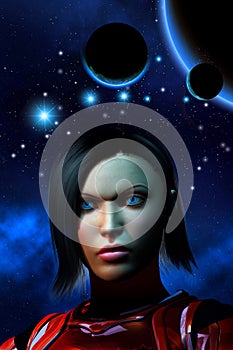 Alien planetary system, bakground with stars and nebula, futuristic woman soldier, 3d illustration