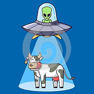 Alien plate with green alien kidnap a cow on a farm