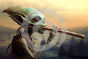 Alien playing extra terrestrial flute illustration generative ai photo