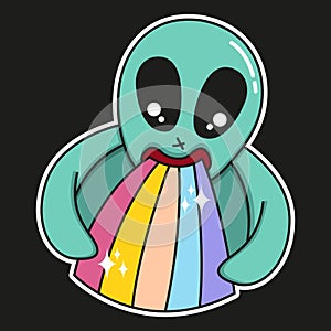 Alien puking or vomiting rainbow vector cartoon illustration