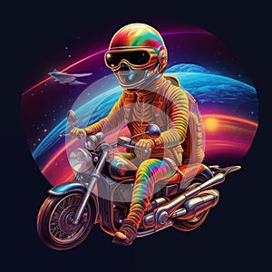 alien on a rainbow-arc on a motorcycle